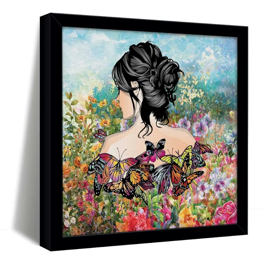 ArtX Woman Butterfly Big Canvas Painting For Bedroom, Living Room,Drawing Room With Frame, Multicolour, Square, 24.0 x 24.0 inch, 2x2 Feet, Set Of 1