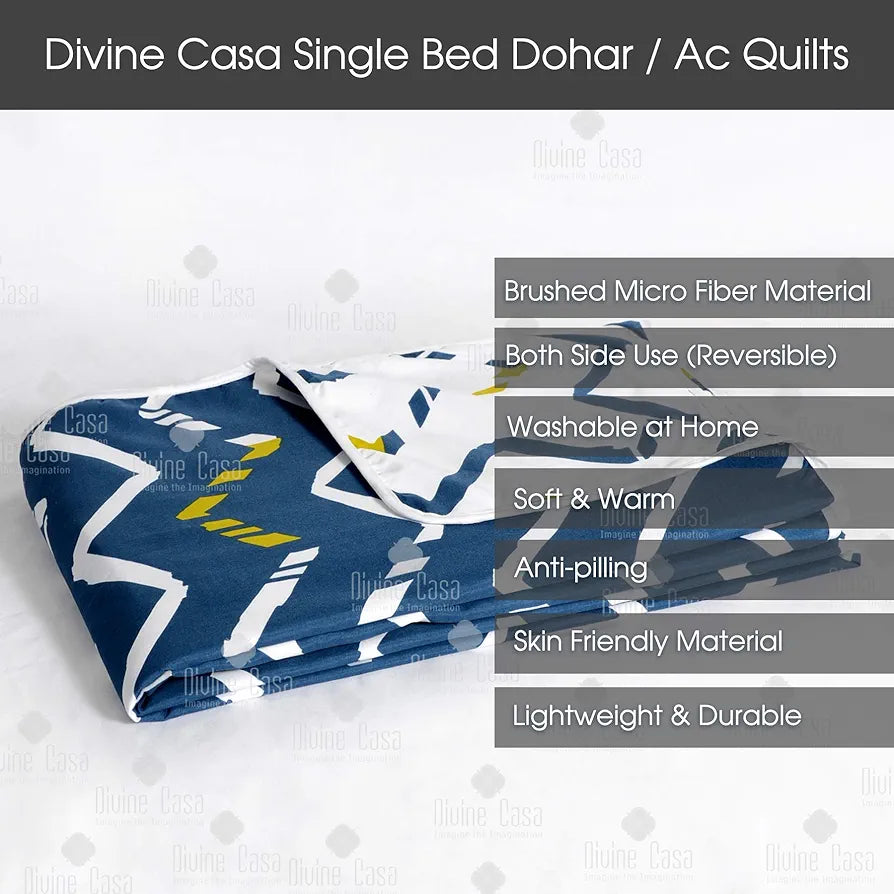 Divine Casa Microfiber 120 GSM Single Bed Dohar | Navy Blue, Typography Print | Size 140 x 210 cm | Lightweight Reversible AC Blanket
