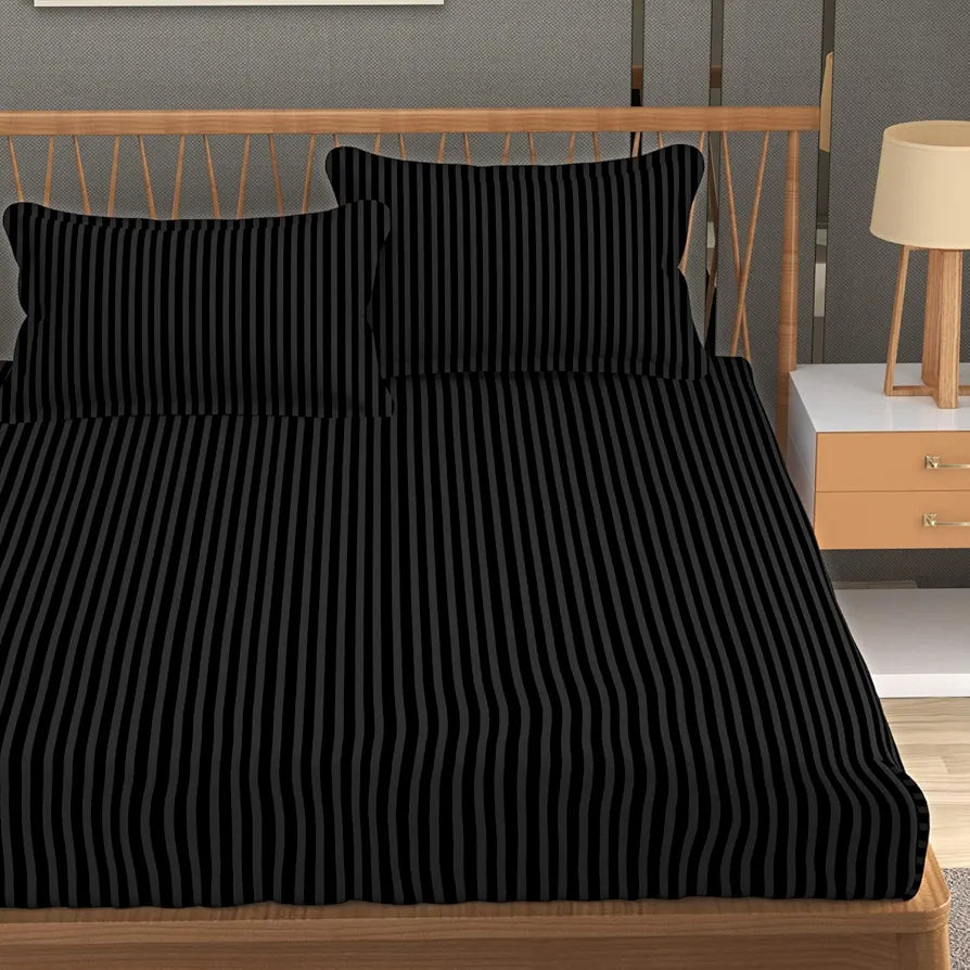 Homefab India 160 TC Stripe Glace Cotton Double BedSheet with 2 Pillow Covers -  - Black