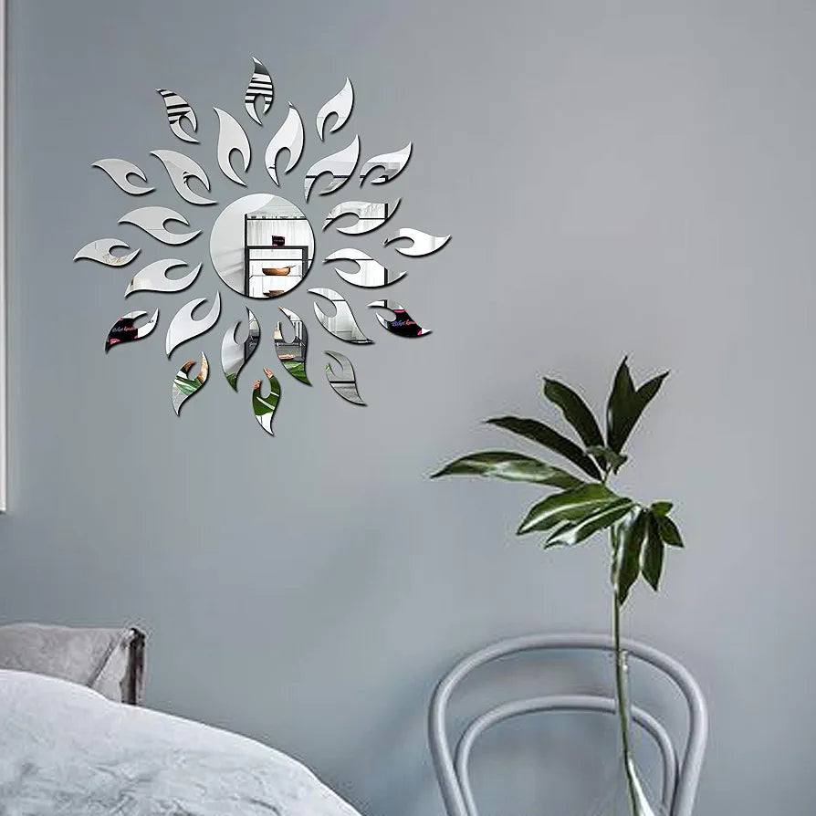 Bikri Kendra Ind - Sun Silver with 12 Square Purple Mirror Stickers for Wall, DecorStickers, Acrylic, Wall Stickers for Hall Room, Bedroom, Kitchen.