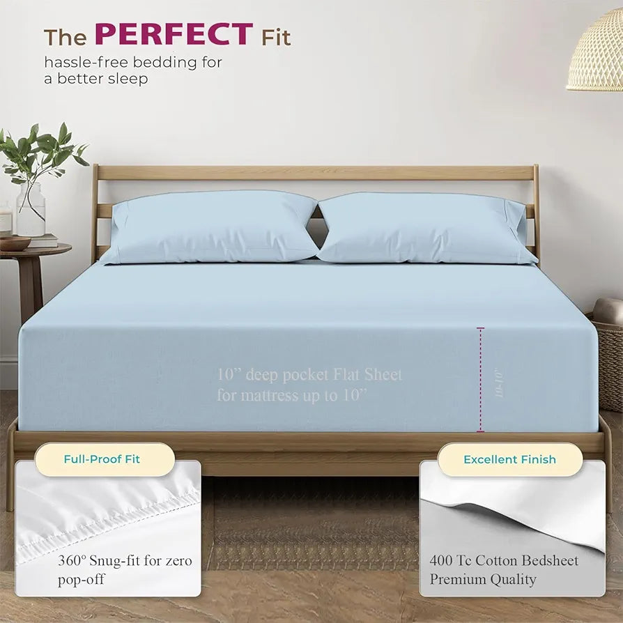 Trance Home Linen 100% Cotton 78x72 inch King Elastic Fitted Bedsheet | 400 Thread Count Premium Hotel Quality Fitted Plain Elastic Bedsheet with 2 Pillow Covers 