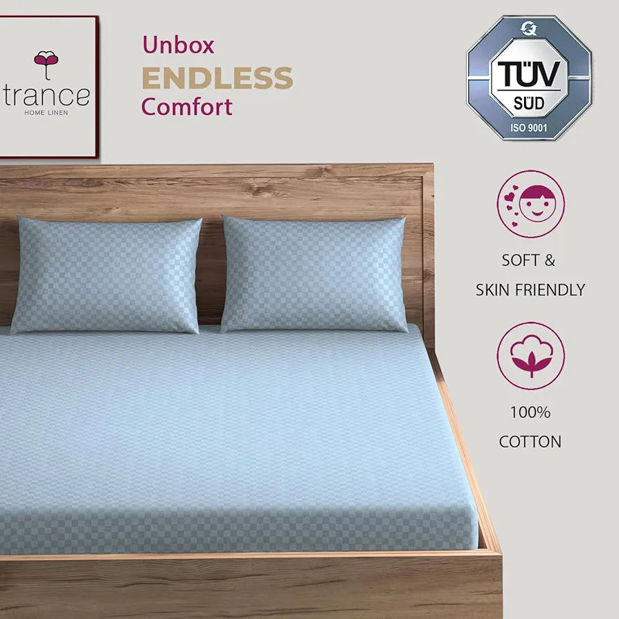 Trance Home Linen Premium 300TC 100% Cotton Jacquard Weave Fitted Bedsheet for King Size Bed with 2 Pillow Cover - Skin Friendly 