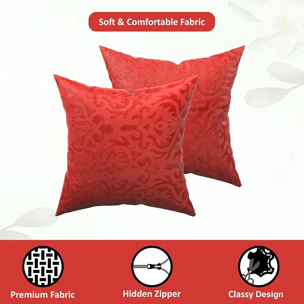 Kuber Industries Set of 5  Washable & Removable Velvet Sofa Pillow Covers with Zip | Soft Sofa Cushion Covers for Home & Bedroom Interiors | Floral Design - Red
