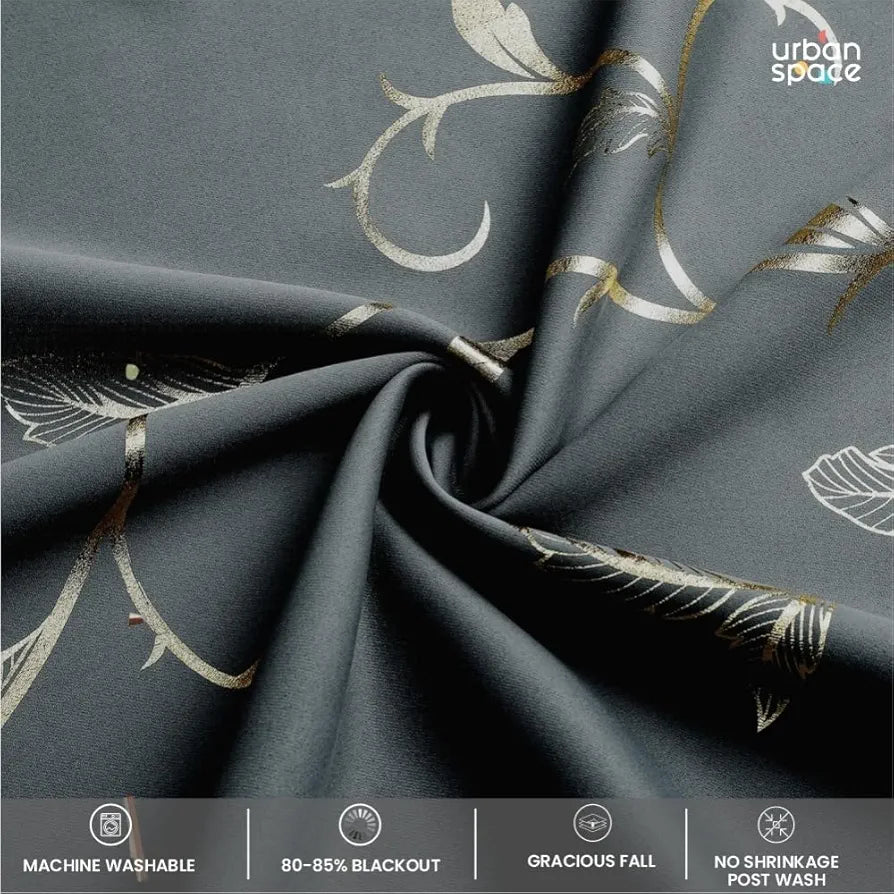Urban Space Pure Blackout Opaque Curtains for Living Room, Gold Foil Printed Luxurious 80-85% Blackout Opaque Curtains Eyelet with Tieback, 1 Piece Pack, Floral Vine Grey 