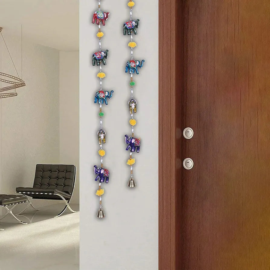 Heart Home Handcrafted Elephant Door Latkan with Bells|Rajasthani Traditional Hanging Windchimes Pair for Home Decoration 