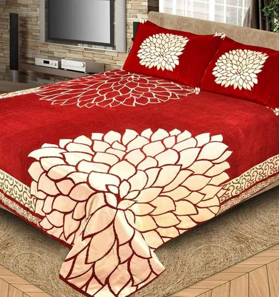 FRESH FROM LOOM Floral Bedsheet Cum Bed Spread for Double Bed King Size 500 TC Chenille Velvet Bed Cover with 2 Pillow Cover , Size- 90x100 inch