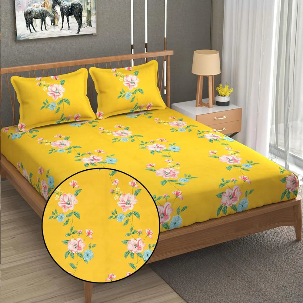 FRESH FROM LOOM Hypoallergenic King Size Floral Print Microfiber Fitted Bedsheet Set - 240 TC, Includes 2 Pillow Covers 