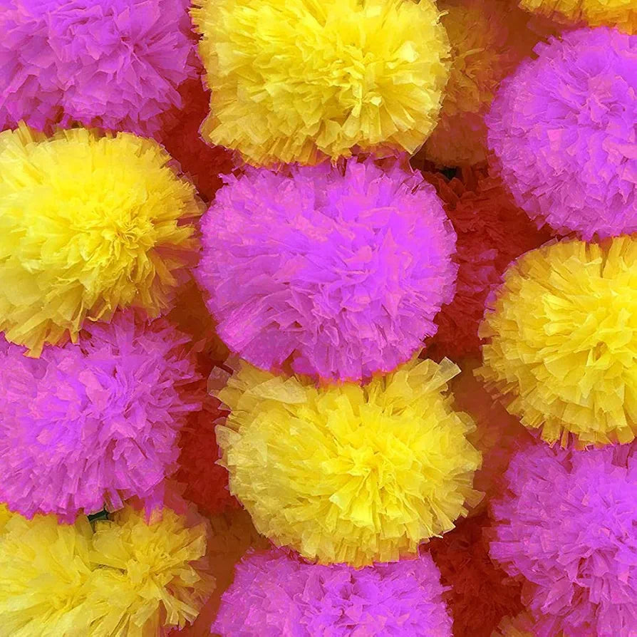 Abhaas Artificial Marigold Garland Flowers for Decoration Long Toran Indian genda phool for Wedding & Festival |4-8 Feet Long |Pink+Yellow | 5 Strings
