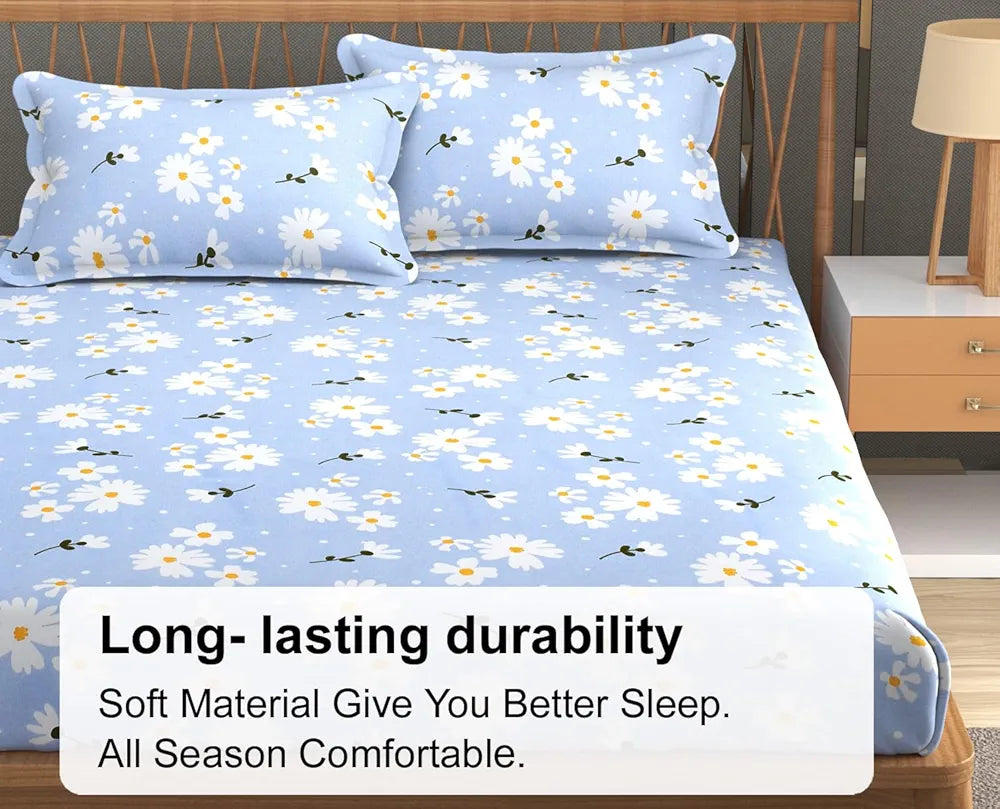 FRESH FROM LOOM Soft Microfiber Floral Print King Size Fitted Bedsheet - 240 TC, Hypoallergenic, 2 Pillow Covers  | Casper-Blue)