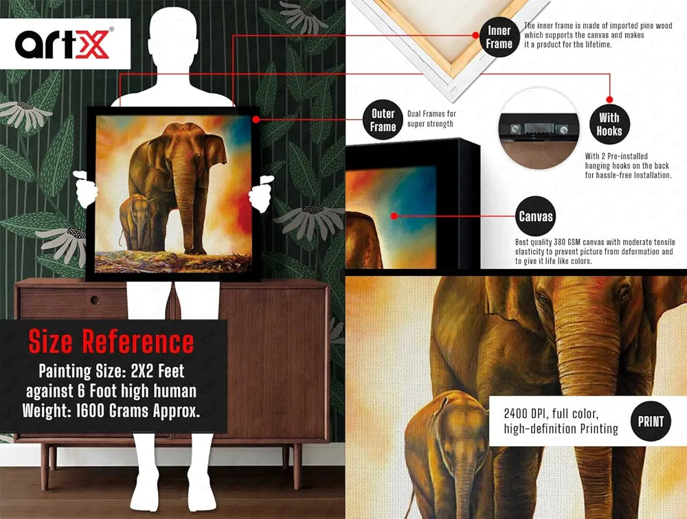 ArtX Elephant and Baby Abstract Big Canvas Painting For Bedroom With Frame, Multicolour, Square, 24.0 x 24.0 inch, 2x2 Feet, Set Of 1