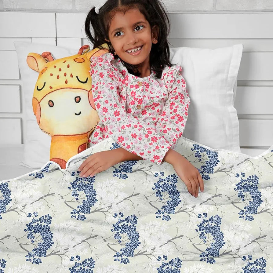 Divine Casa Floret 100% Cotton Single Kids Dohar | 120 GSM | Soft & Lightweight Throw Blanket | Cozy & Breathable Bedding | All-Season Comfort | 140 x 100 CM, Grey Blue
