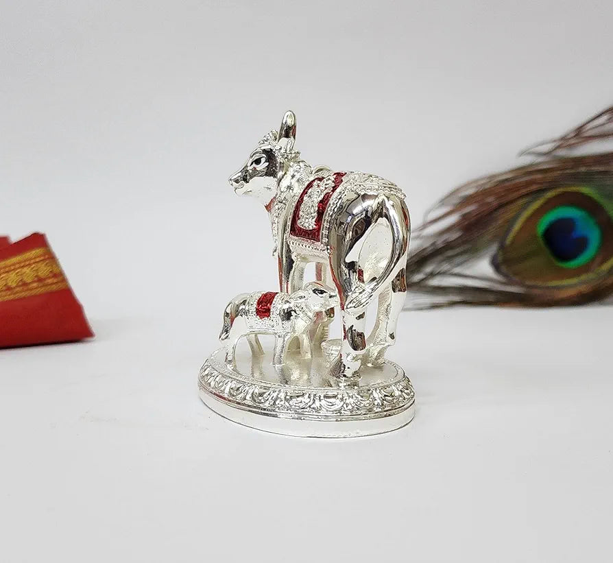 Gold Art India Kamdhenu Cow and Calf Idol with Red Accents | Shiny Silver Finish | 7.62 cm Decorative Gau MATA Murti for Home Temple, Gift & Office