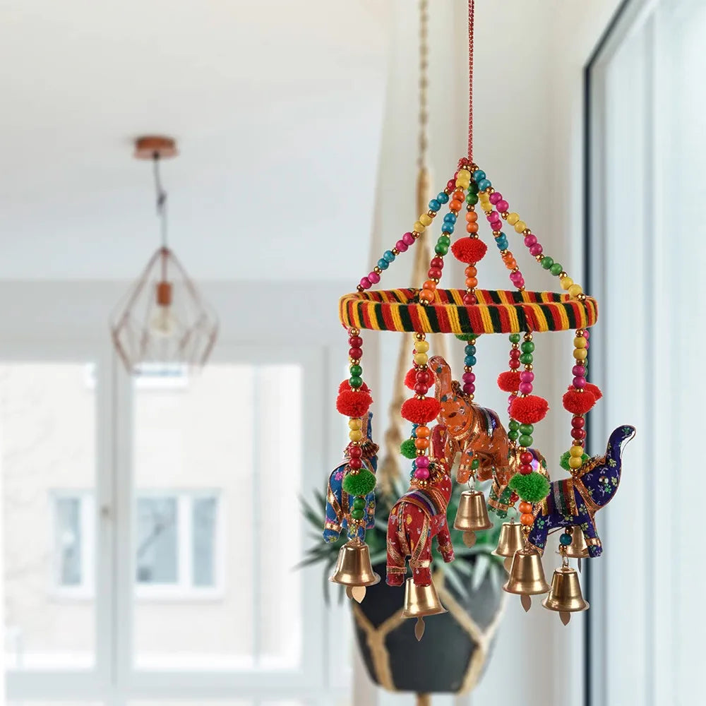 Kuber Industries Rajasthani Traditional Windchimes|Hanging Ring Elephant with Bells|Polyester Handcrafted Latkan|Decorative Door Hanging Latkan|Pack of 2 