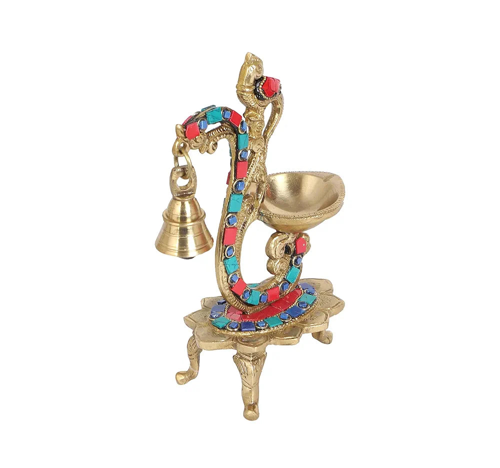 Two Moustaches Gemstone Work Ethnic Carved Peacock Design Brass Diya with Bell , Brass Antique Oil Lamp, Diyas for Home , Size - 8 Inches , Standard , Pack of 1