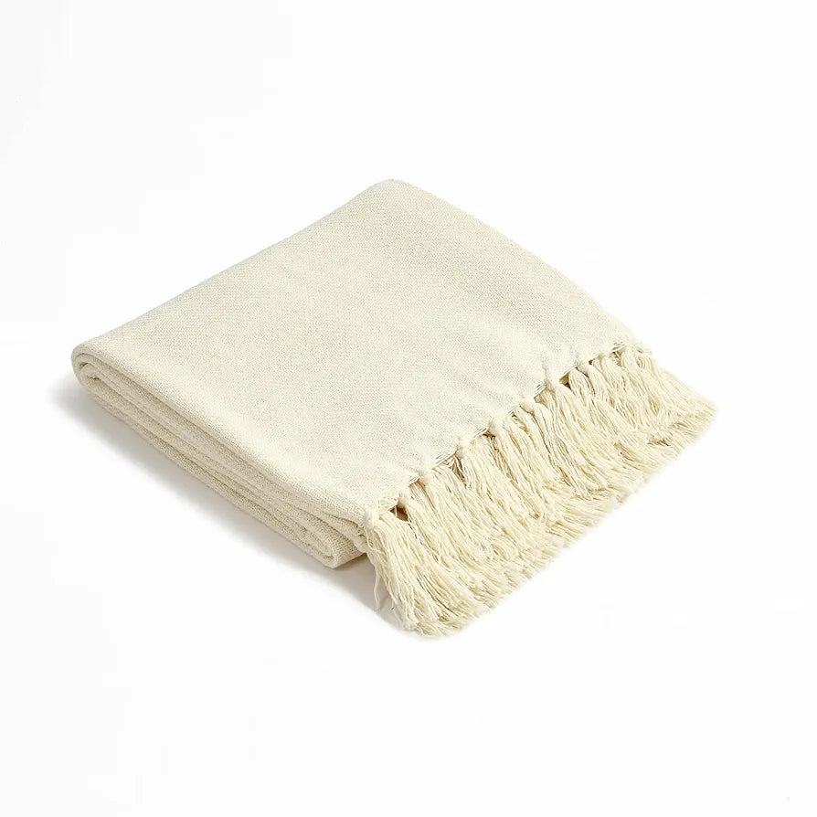 SASHAA WORLD Solid White Cotton Throw for Sofa | Ultra-Soft & Cozy Blanket | 100% Cotton | Decorative Fringed Couch Cover | 180 x 130 cm | Machine Washable