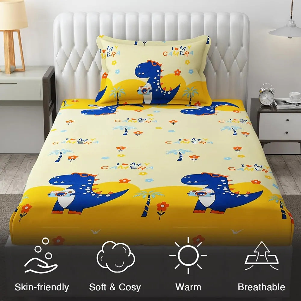 FRESH FROM LOOM Glace Cotton Wrinkle Free Soft Hypoallergenic Elastic Fitted Bed Sheet,Cartoon Printed,Bedsheet for Kids Room Boys Girls,Dinosaur),300 TC,Multicolor