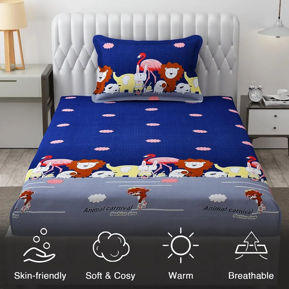 FRESH FROM LOOM Glace Cotton 300 tc Wrinkle Free Soft Hypoallergenic Elastic Fitted |Cartoon Printed Bedsheets For Kids With 1 Pillow |Jungle/Blue), Smallsingle