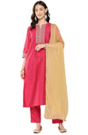 Janasya Women's Pink Crepe Silk Embroidered Kurta with Pant and Dupatta