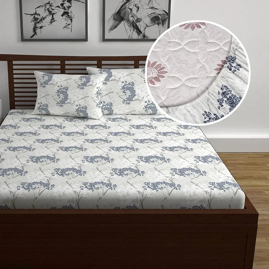 Divine Casa 144 TC 100% Cotton Floral Pattern Elastic Fitted Queen Size Bedsheet with 2 Pillow Covers | Cream & Brown Print, Ideal for Bedroom