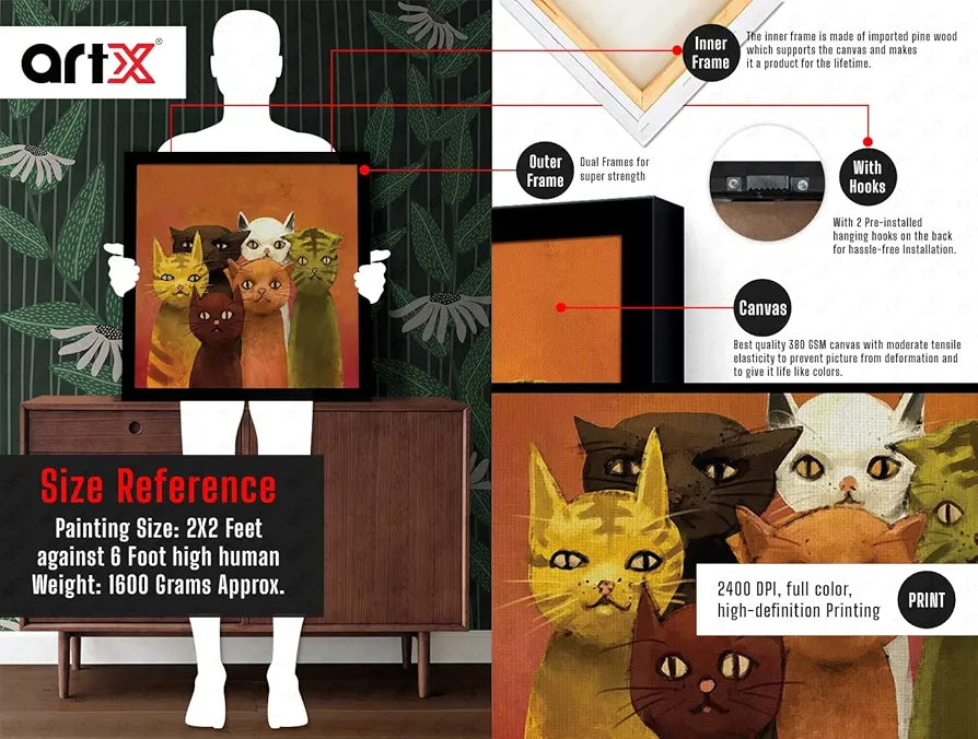 ArtX Group Cat Family Big Canvas Painting For Bedroom and Living Room With Frame, Multicolour, Square, 24.0 x 24.0 inch, 2x2 Feet, Set Of 1