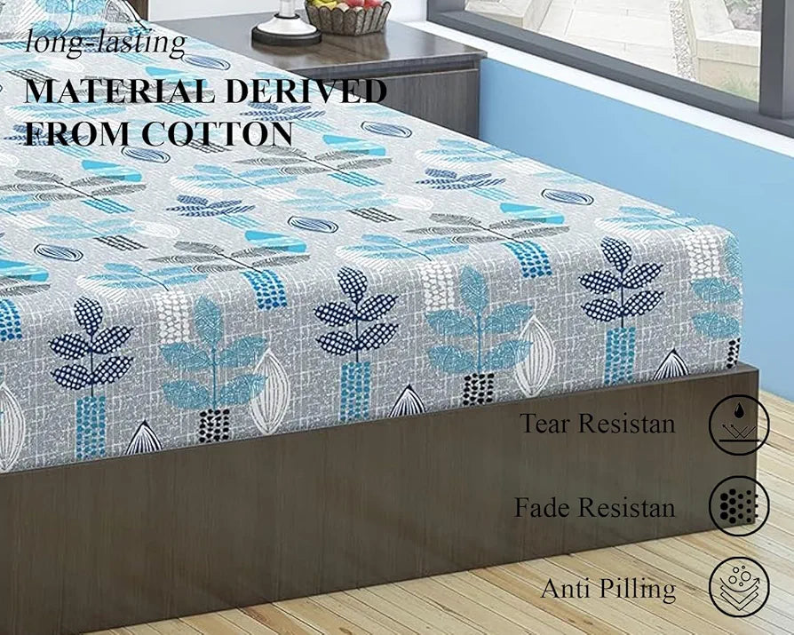 Trance Home Linen Pure 100% Cotton 144TC Printed King Fitted Bedsheet with 2 Pillow Covers 