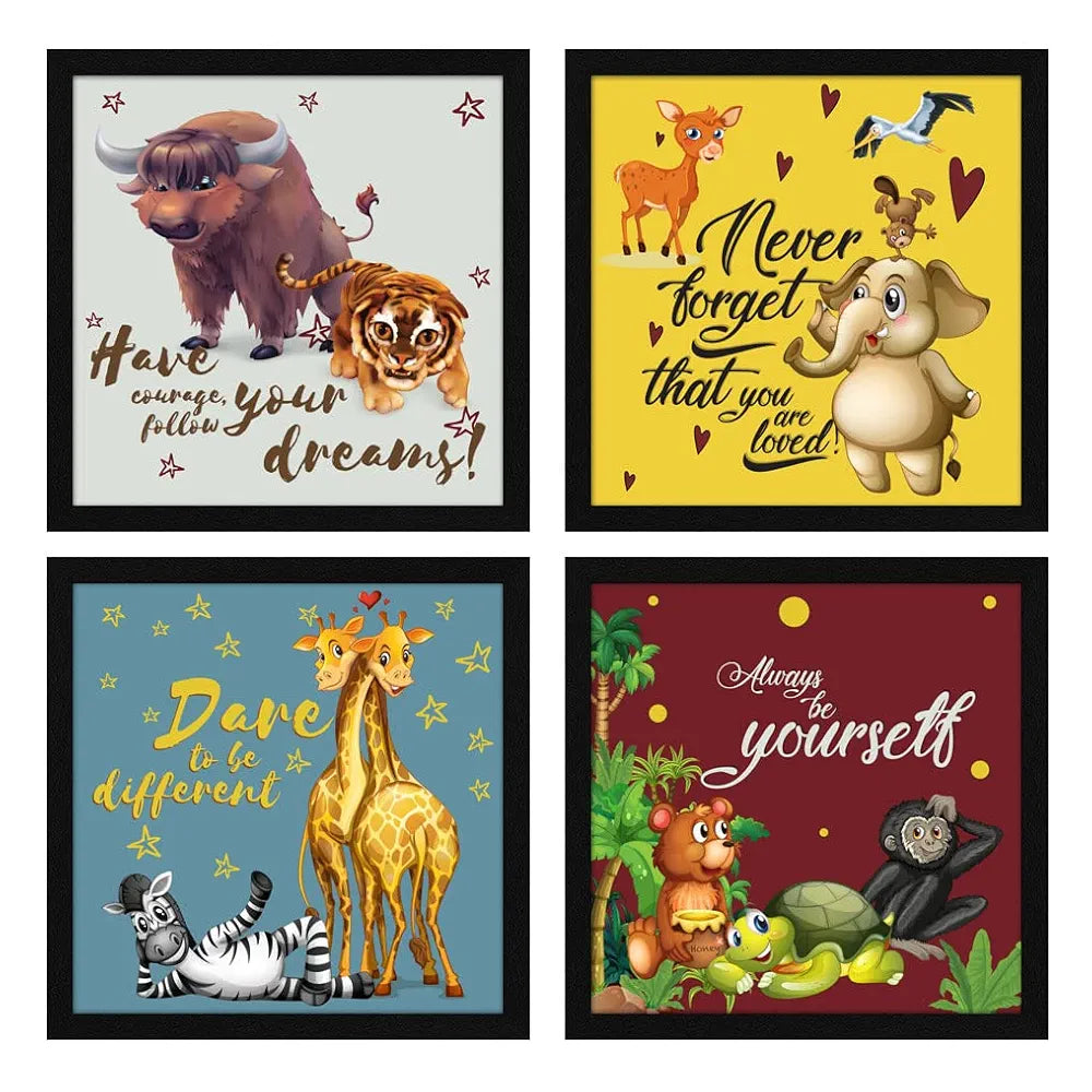 ArtX Set of 4 Cartoons Animals Kids Room Wall Art Painting, Framed Paintings 20 X 20 inches, 10 X 10 each, Multicolor, Synthetic Wood, Set Of 4 Wall Art 