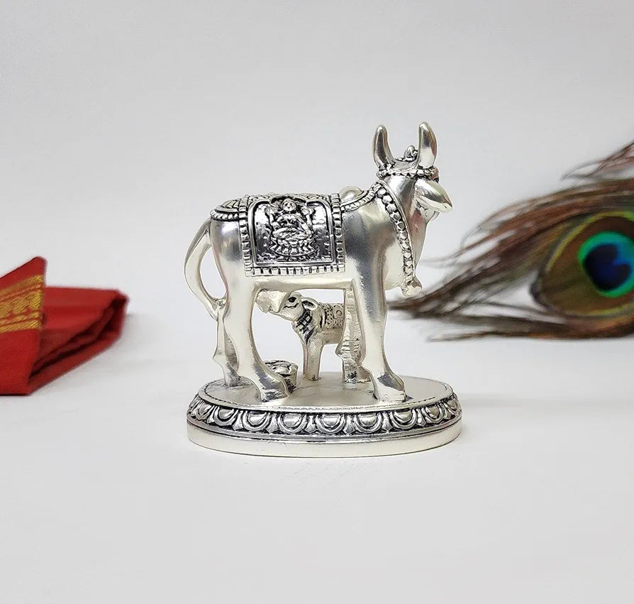 Gold Art India Kamdhenu Cow and Calf Idol | Silver Matte Finish Decorative Murti | 7.62 cm x 7.62 cm | Sacred Gau MATA Statue for Home Temple & Gift