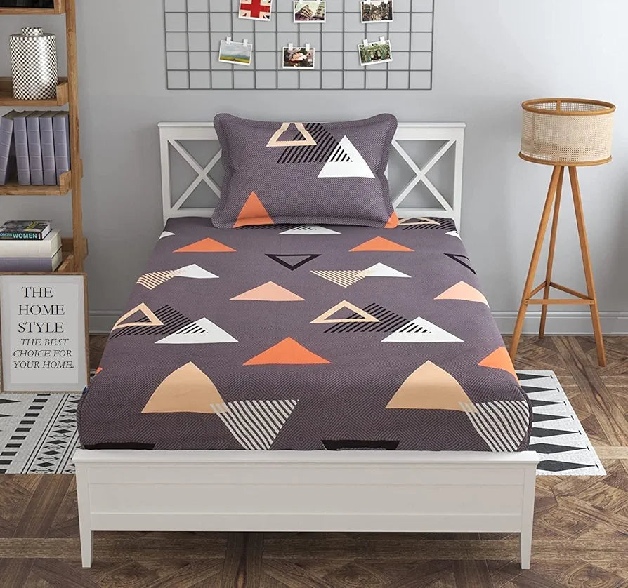 THE HOME STYLE Cotton Feel Glace Cotton Elastic Fitted All Around Printed Full Length Single Bed Bedsheet With 1 Pillow Cover 300 TC 