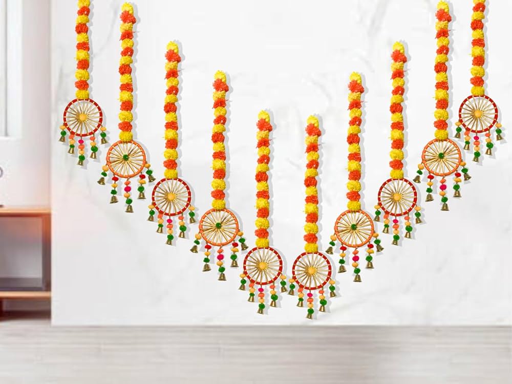 DRYPHON Artificial Marigold Flowers for Decoration with Pom Pom Ring Bell Hanging Garlands for Home Decoration for Diwali Decoration Items | Wedding | Puja Decoration Items for Home 