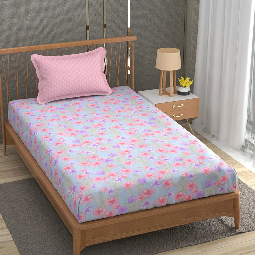 FRESH FROM LOOM Microfiber Soft Cotton Single Bedsheet | 200 TC Single Size Soft Bed Cover with 1 Pillow Cover | Hypoallergenic Bedsheet for Single Bed | Anti Fade, Printed 