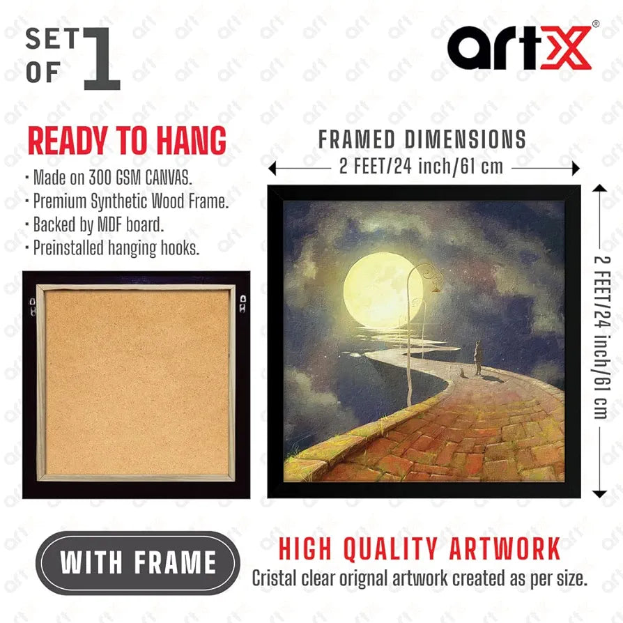 ArtX Way To Moon Big Canvas Painting For Bedroom, Living Room, Drawing Room With Frame, Multicolour, Square, 24.0 x 24.0 inch, 2x2 Feet, Set Of 1