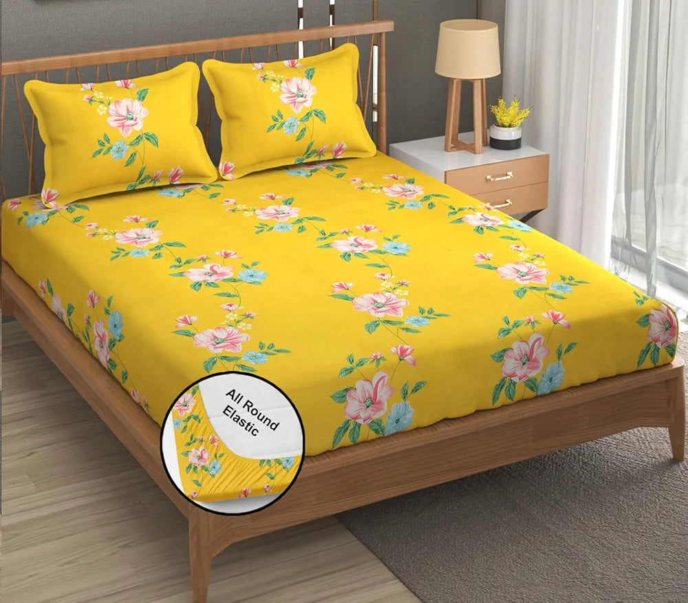 FRESH FROM LOOM Hypoallergenic King Size Floral Print Microfiber Fitted Bedsheet Set - 240 TC, Includes 2 Pillow Covers 