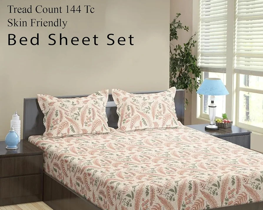 Trance Home Linen 100% Cotton 144Tc Elastic Fitted Bedsheet | Printed Queen Bed Size Elasticated Fitted Bedspread with 2 Pillow Covers 