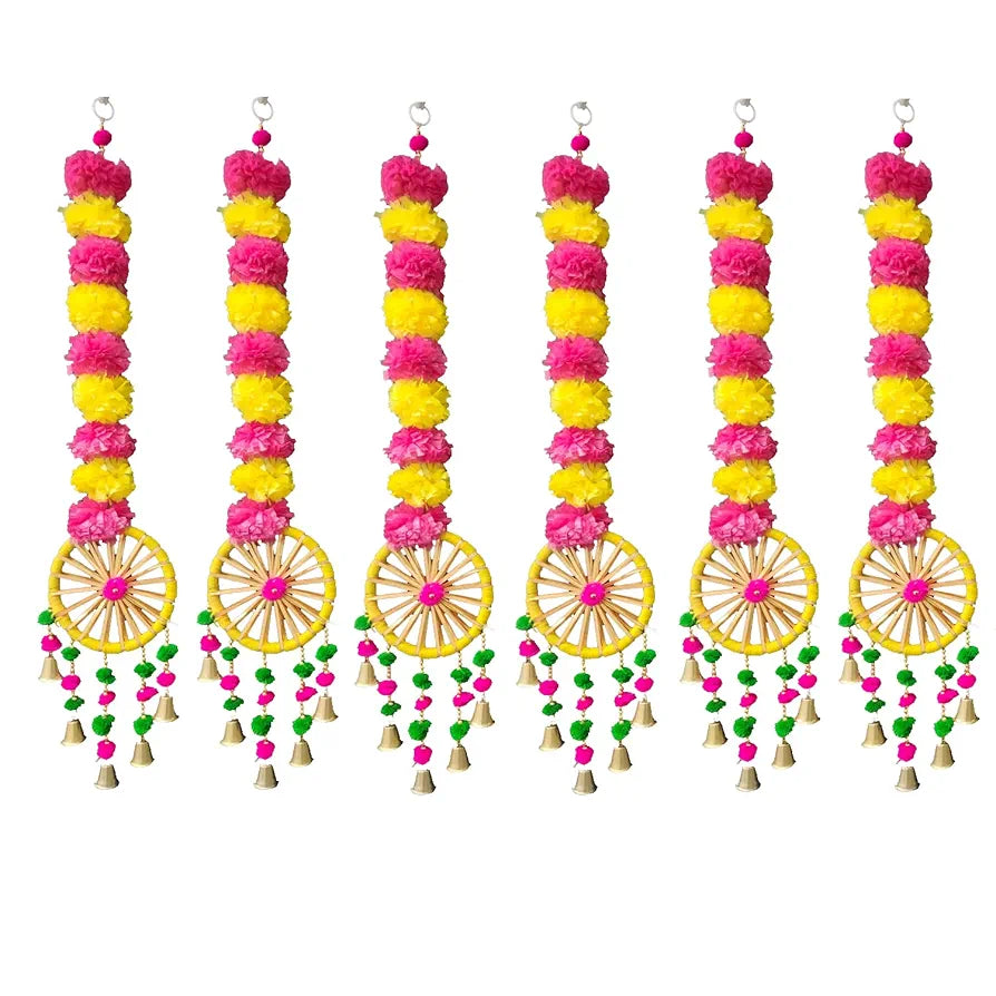 Just Flowers Artificial Marigold Flowers Wall Door Hanging Latkan Toran with Pom Pom Bells for Home Wedding Stage Backdrop Decoration 