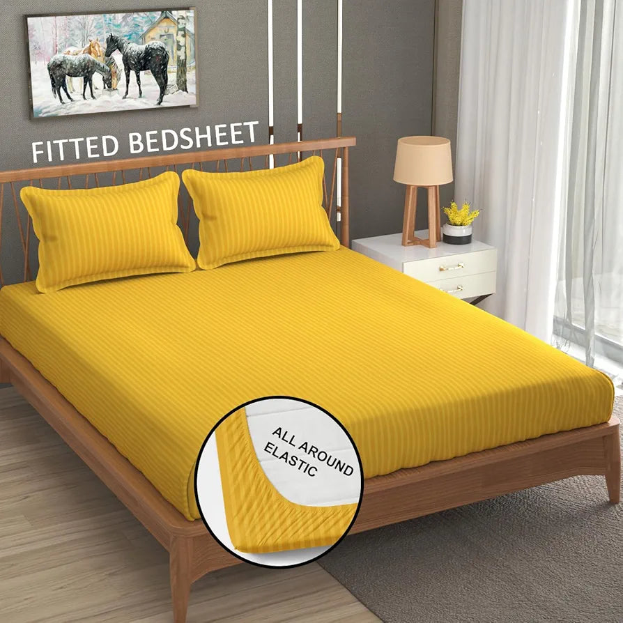 Homefab India 160 TC Stripe Cotton Feel Glace Cotton Elastic Fitted King Size Double Bed Bedsheet with 2 Pillow Covers Fits Upto 6 inches Mattress, Size-72X78 inches, Yellow