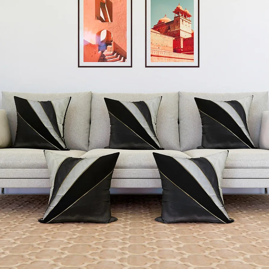 Kuber Industries Cushion Cover | Pillow Covers for Sofa | Throw Cushion Cover | Dupion Polyester Cushion Covers | Grey Patang Wire Cushion Covers | Set of 5 | 16 Inch | Black