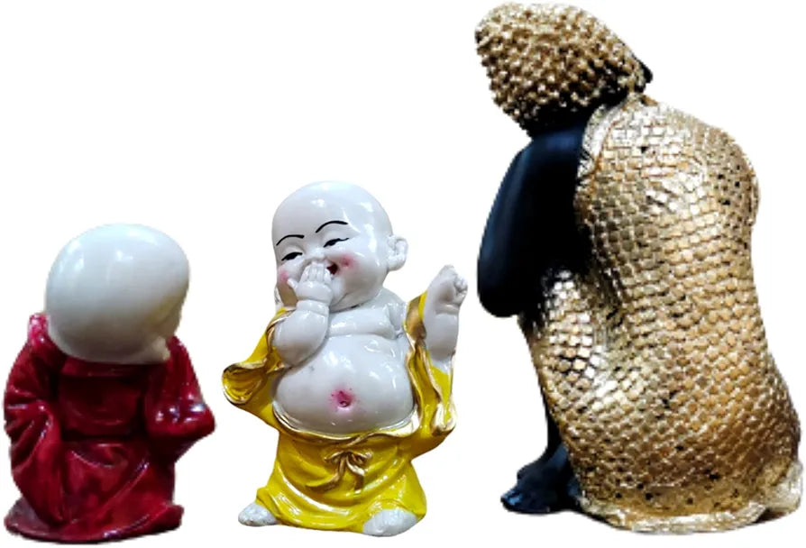 MARINER'S CREATION Polyresin Divine Resting Buddha Idol with Two Child Monks Showpiece for Home Decor 