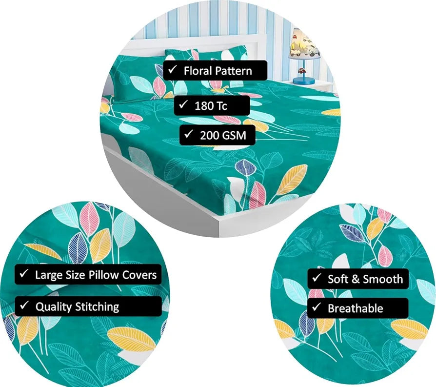 Premium Cotton Elastic Fitted Bedsheets with 2 King Size Pillow Covers Double Bed with All Around Elastic Supersoft Size - 72 x 78 +10 inches Flower Print Green and Red 200 tc - 220 tc