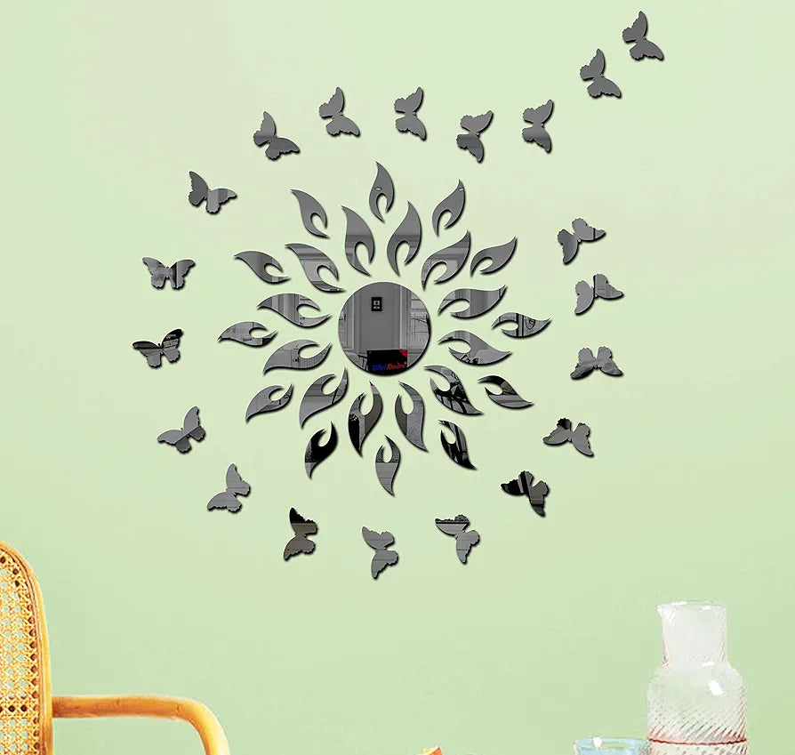 Bikri Kendra - Art BK147, Sun Black with 20 Black Butterfly - 3D Acrylic Mirror Stickers for Wall