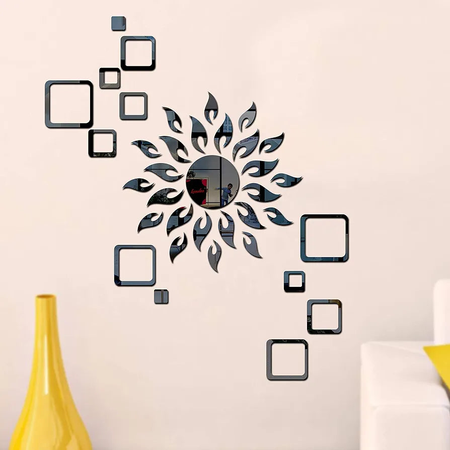 Bikri Kendra - Art BK78, Sun Black with Square Black 2 Set - 3D Acrylic Mirror Stickers for Wall Self-Adhesive
