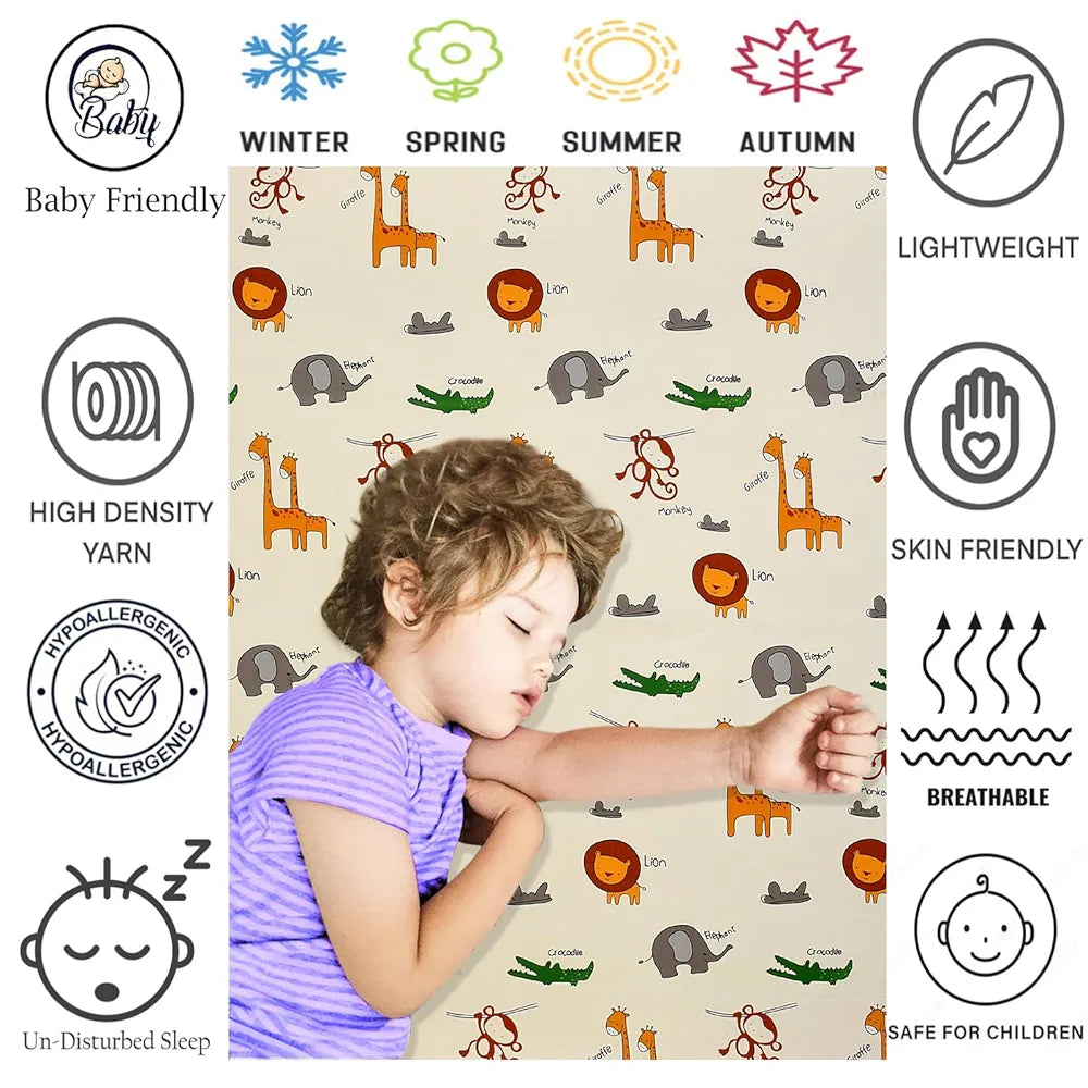 FRESH FROM LOOM Glace Cotton Wrinkle Free Elastic Fitted Bed Sheet with 2 Pillow,Cartoon Printed,Bedsheet for Kids Room ,Cream/Animal),Double Bed,300 TC