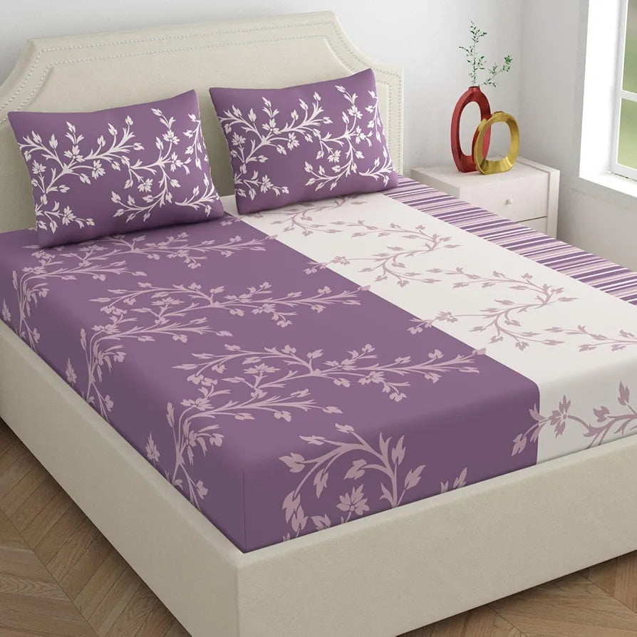 Dreamscape 140 TC 100% Cotton Double Bedsheet for Double Bed, 1 Bed Sheet  with 2 Pillow Covers, Purple