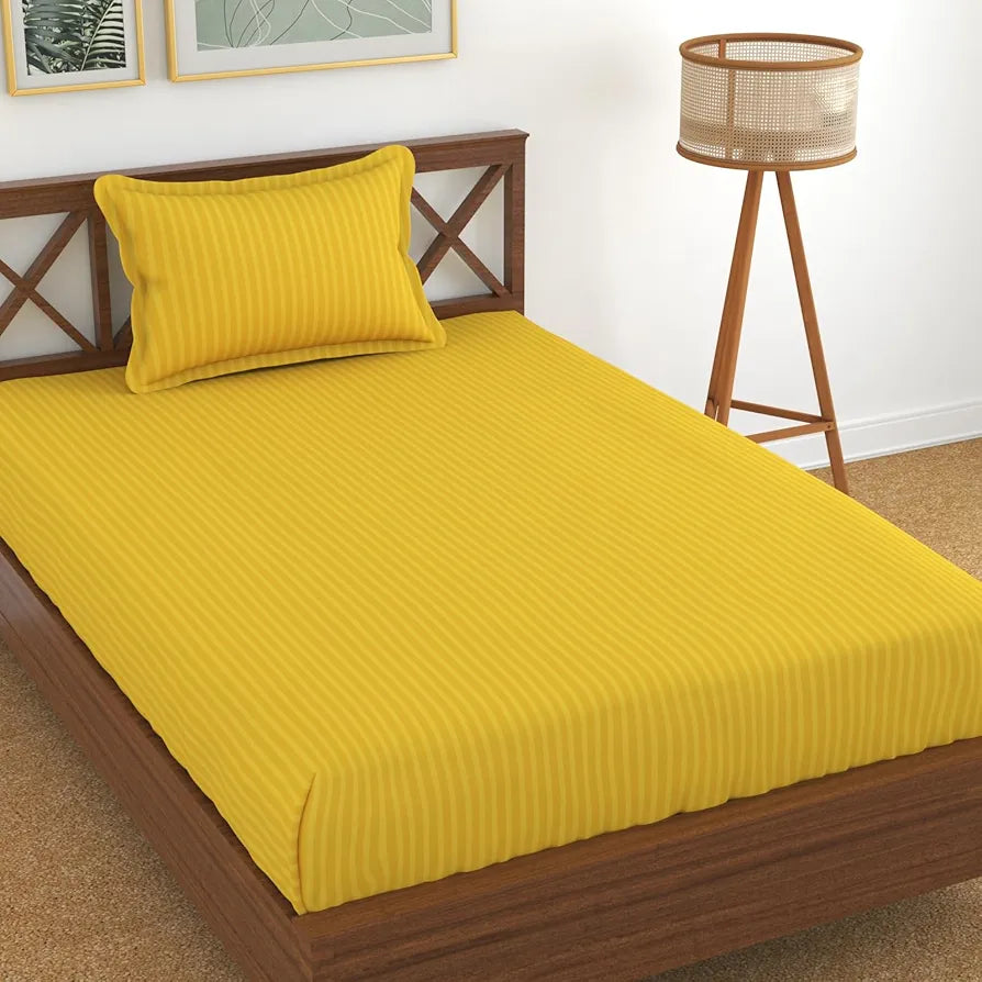 Homefab India 160 TC Stripe Glace Cotton Single BedSheet with 1 Pillow Cover - Yellow