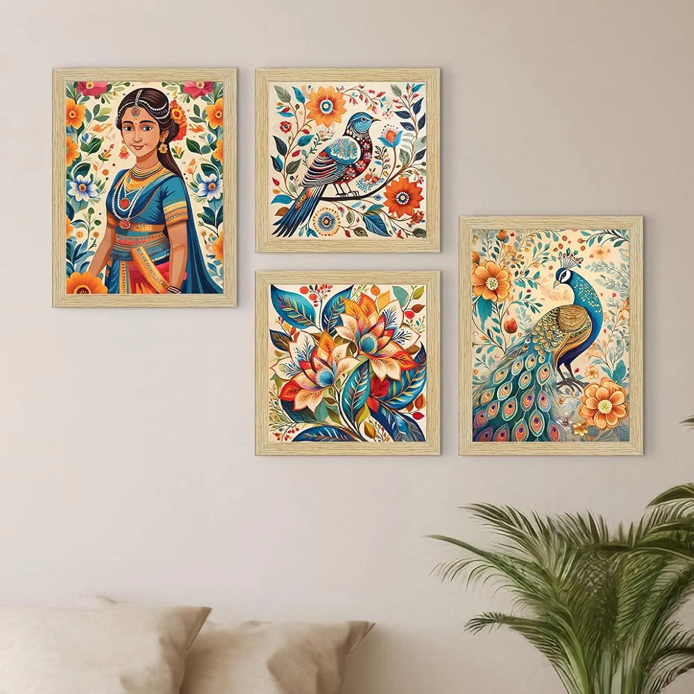 ArtX Paper Madhubani Indian Art Paintings with Frame for Home Decor, Wall Painting for Living Room, Multicolor, Set of 4