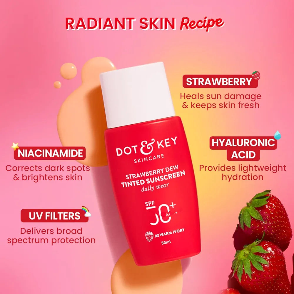 Dot & Key Strawberry Dew Tinted Sunscreen SPF 50+ Pa++++ - 02 Warm Ivory | Protection Against UA/UB | Broad Spectrum, Water & Sweat resistant | For All Skin Types | 50ml
