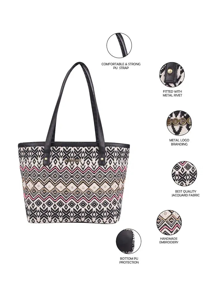 ASTRID Women's Embroidered Cotton Tote Bag With Zip And Completely Biodegradable