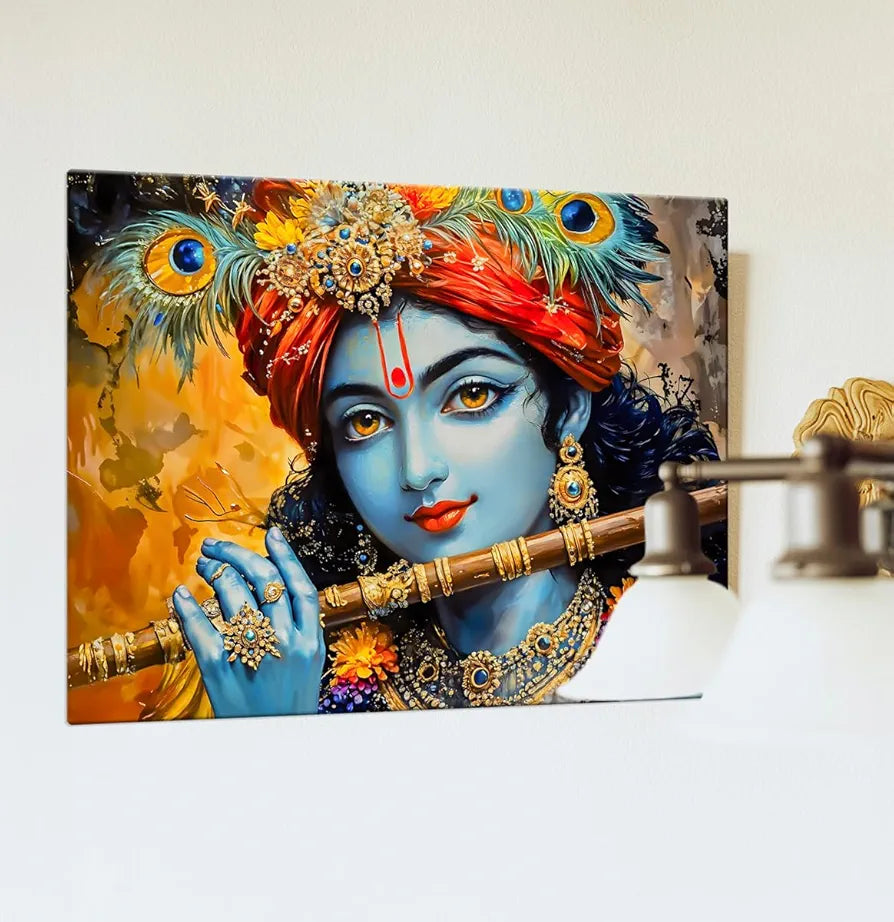 ArtX Canvas Krishna Playing Flute Wall Painting, Krishna Photo Frame For Living Room, Bedroom, Multicolor, Abstract, 58.0 X 45.0 cm, Set of 1