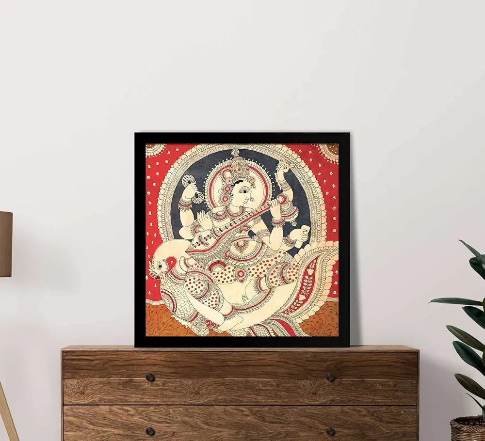 ArtX Saraswati Devi Big Canvas Painting For Living Room, Drawing Room With Frame, Multicolour, Square, 24.0 x 24.0 inch, 2x2 Feet, Set Of 1