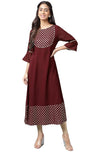 Janasya Women's Maroon Crepe Foil Printed A-Line Kurta