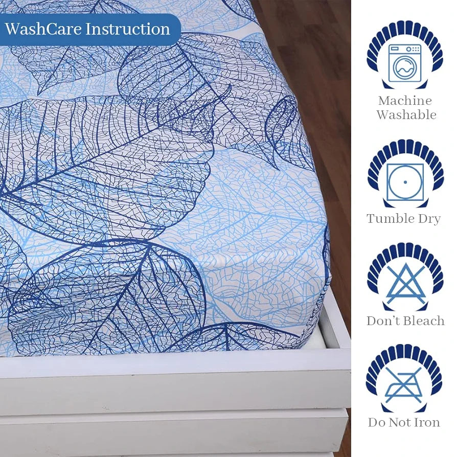 Divine Casa 144 TC Cotton Fitted Bedsheet for Single Bed | 100% Cotton – Floral Blue | Soft & Breathable | Everyday Use | Size 198 x 90 cm | with 1 Pillow Cover